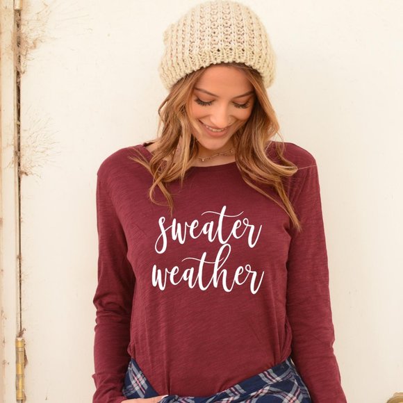 Bella Canvas Tops - Long sleeve maroon Sweater Weather Graphic T shirt